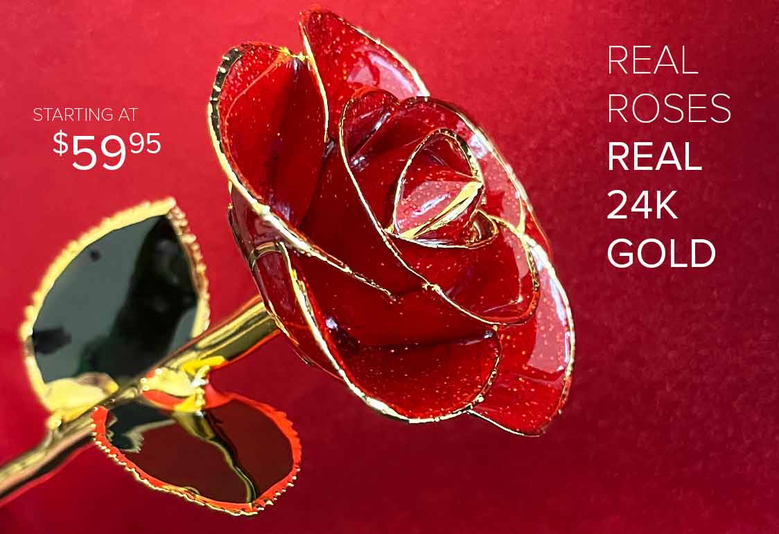 Our 24kt yellow gold dipped valentines day red rose in front of a pinkish red background.