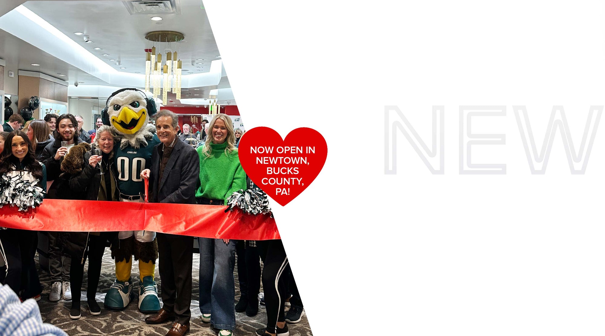 An Eagles event ribbon cutting ceremony at Steven Singer's new store in Newtown, PA with Swoop and Steven Singer photographed among others.