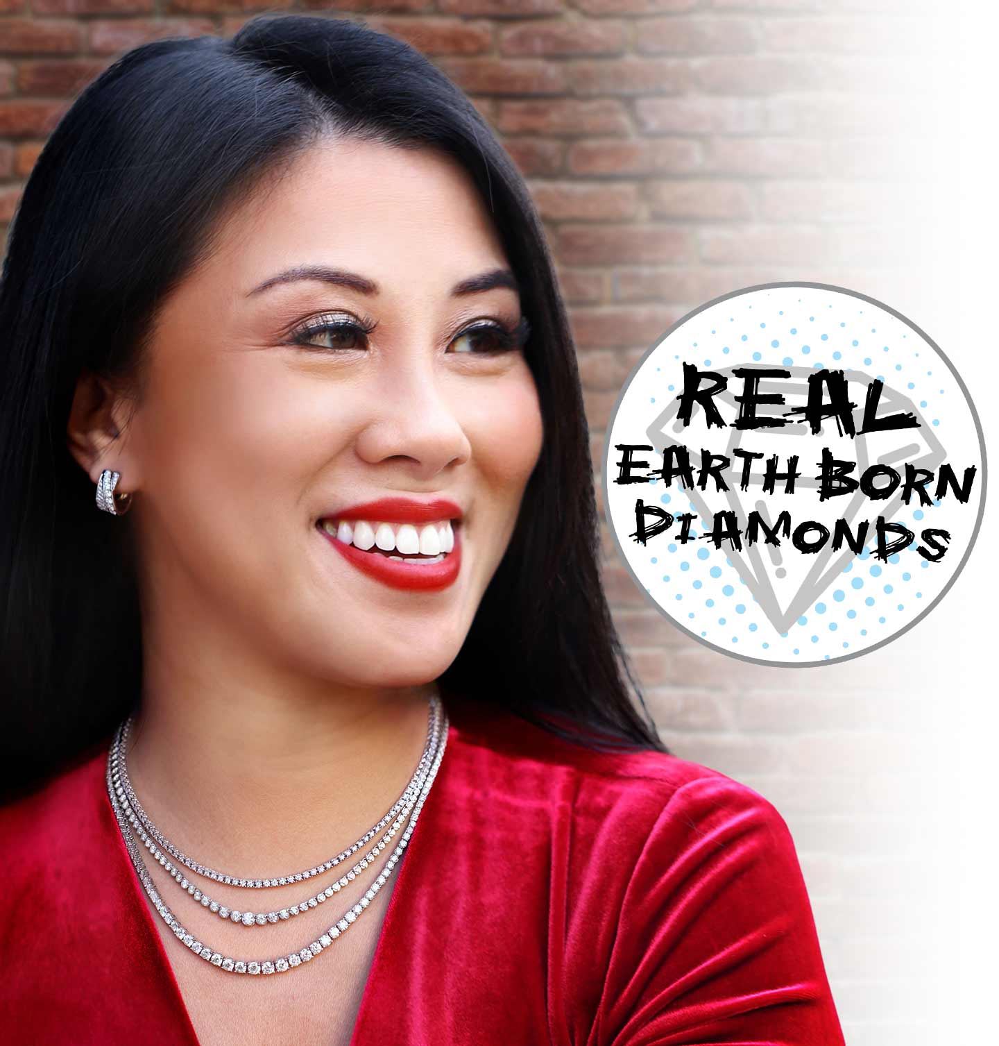A lady in a red shirt wearing layered diamond tennis necklaces and a text badge stating "Real Earth Born Diamonds".