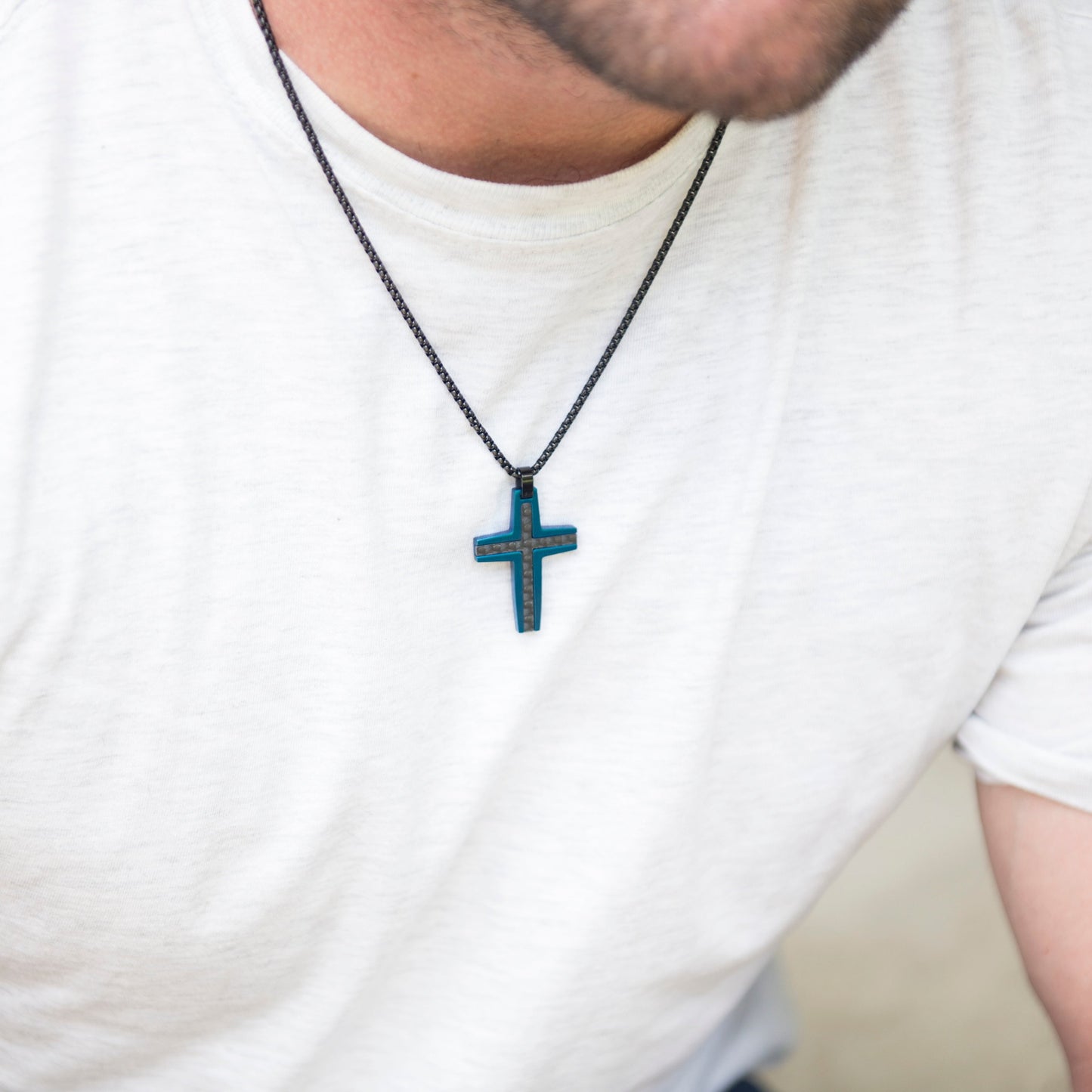 Micah Ion Plated Stainless Steel Polished Brushed Carbon Fiber Cross Necklace