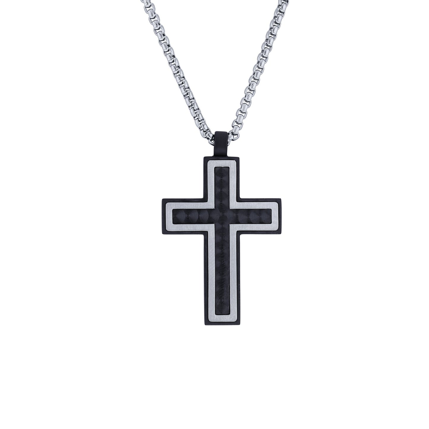 Nuriel Black Ion Plated Stainless Steel Polished Brushed Carbon Fibre Cross Necklace
