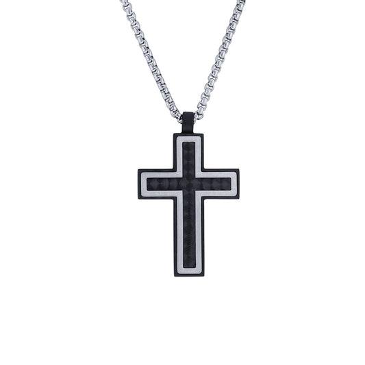 Nuriel Black Ion Plated Stainless Steel Polished Brushed Carbon Fibre Cross Necklace
