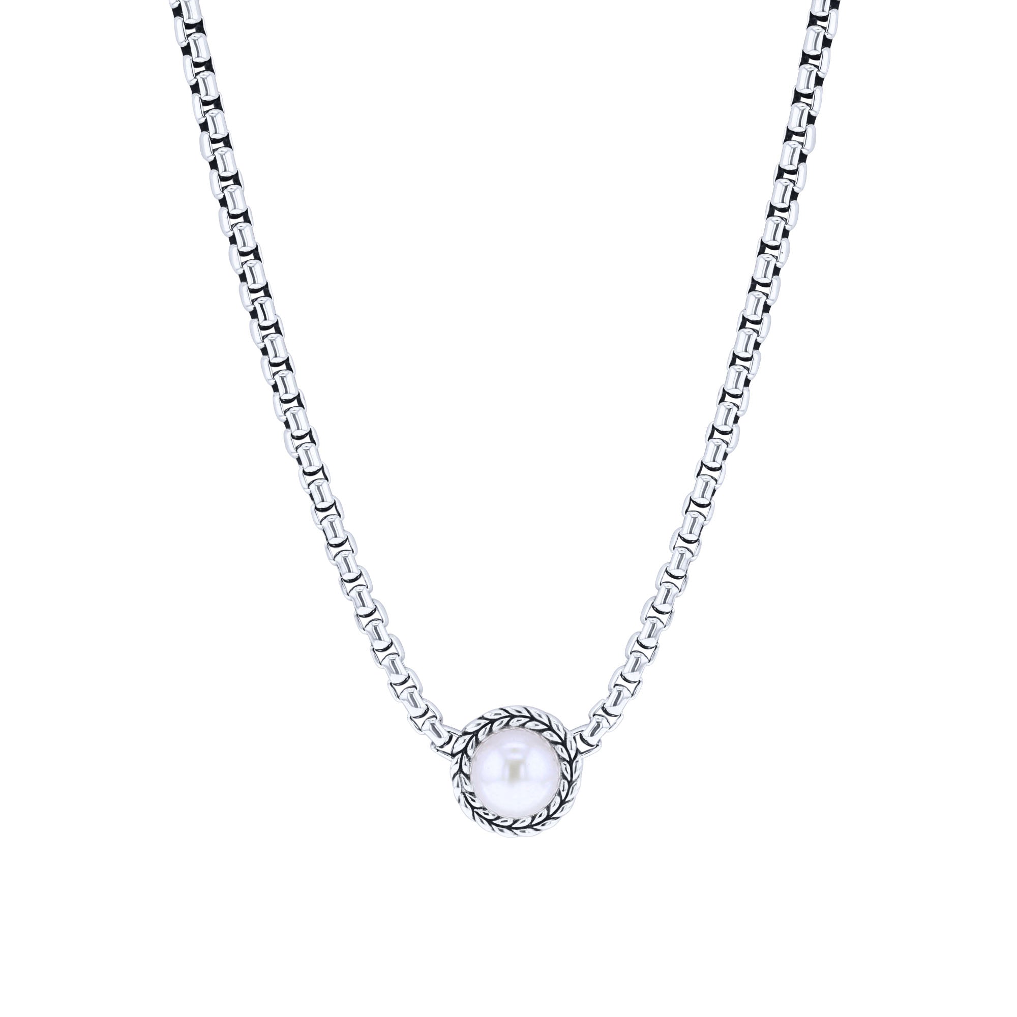 Treasure Pearl Silver Box Chain Necklace