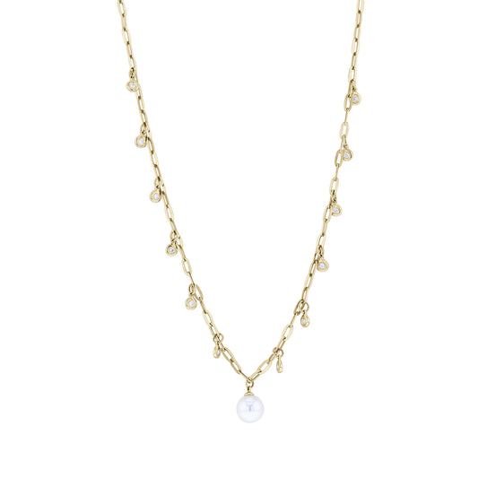 Michelle Pearl & Diamond Station Paperclip Necklace
