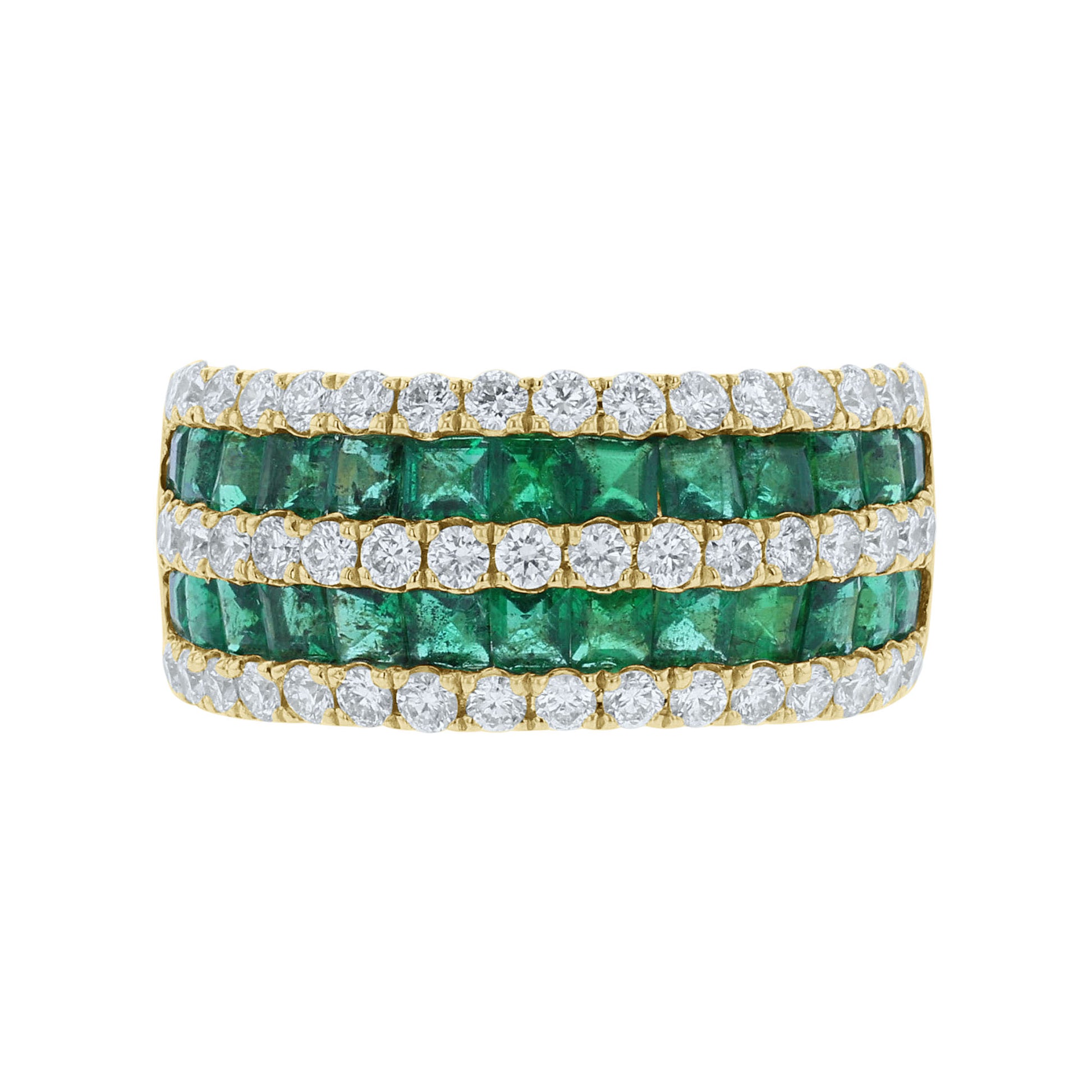 emerald and diamond yellow gold ring front view