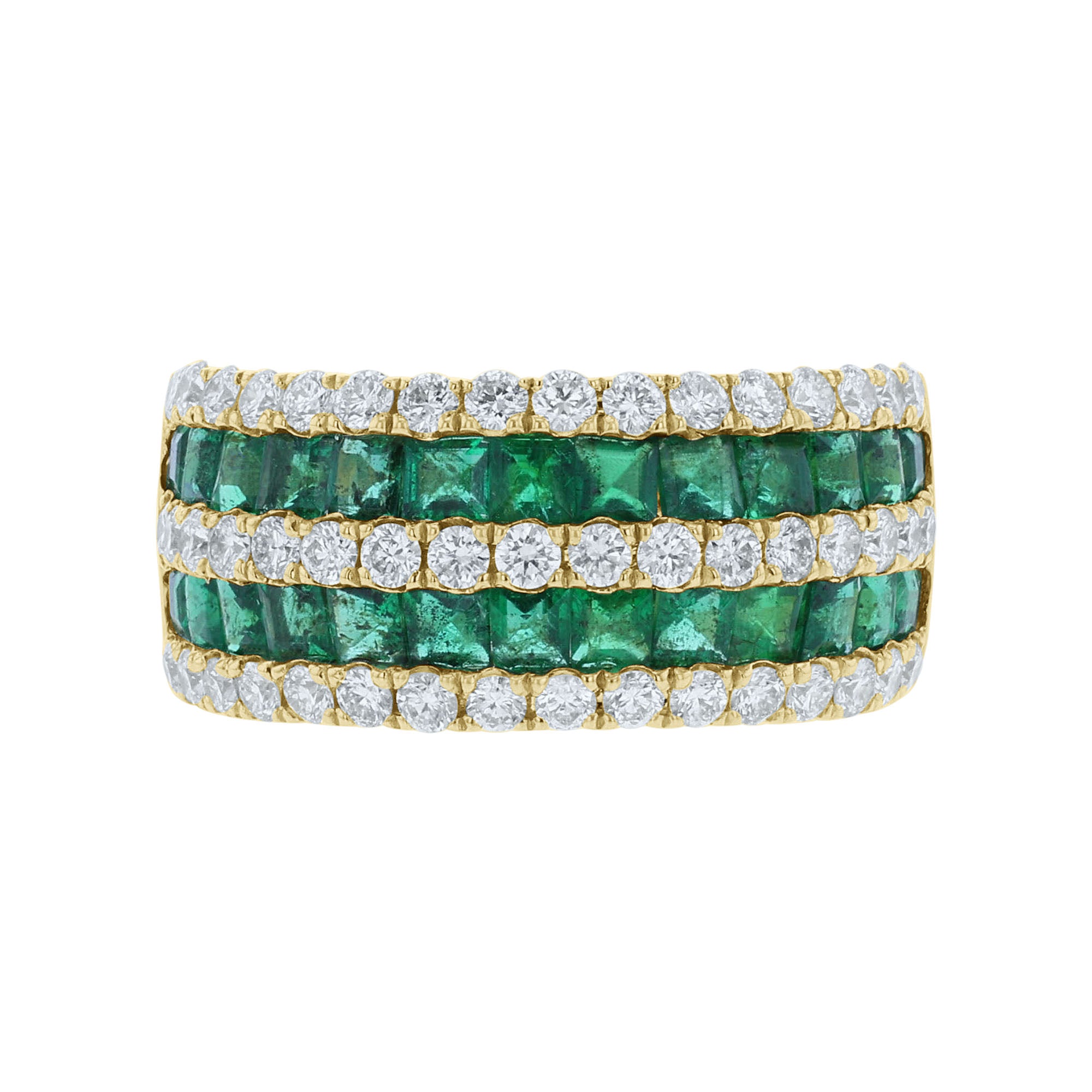 emerald and diamond yellow gold ring front view