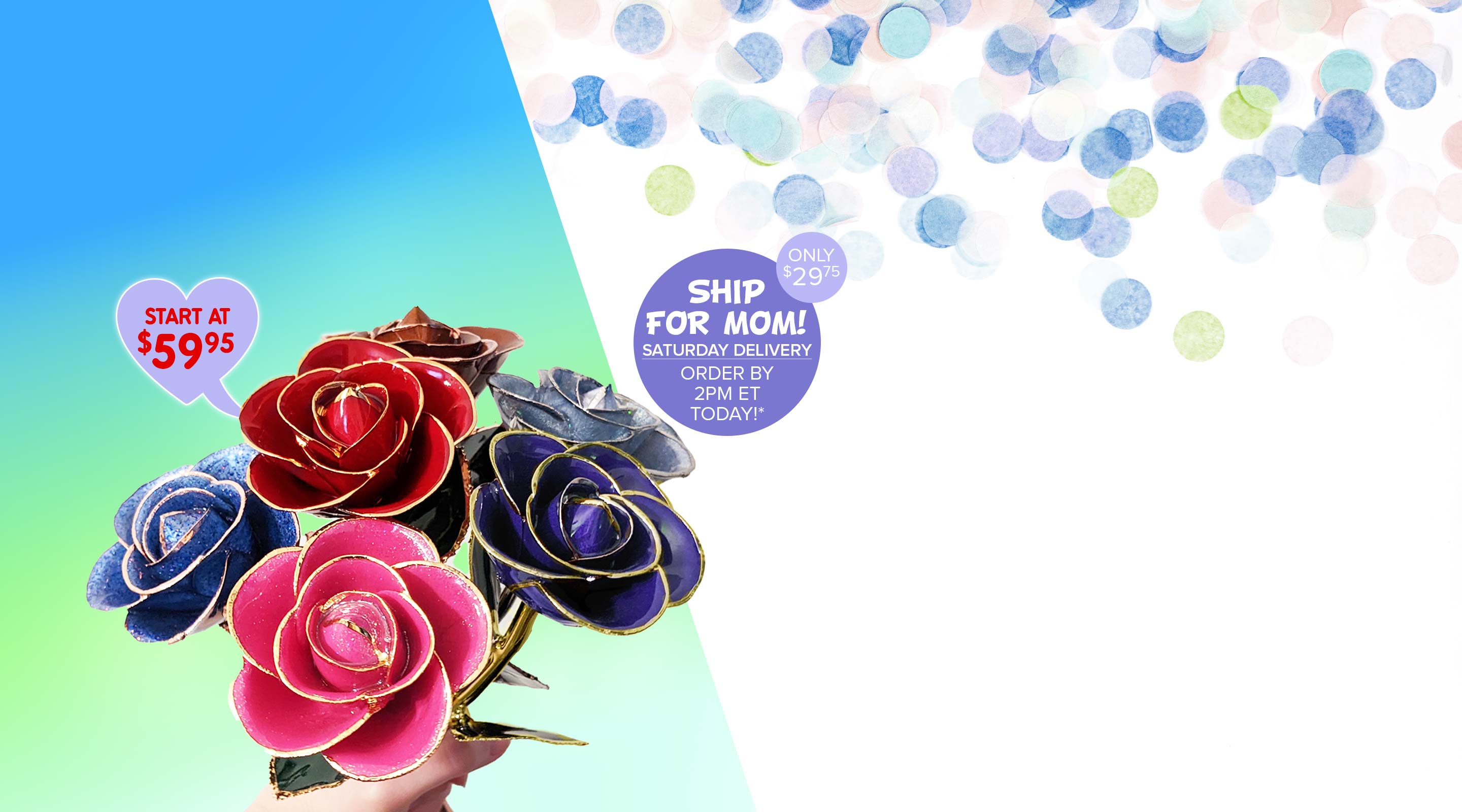 A multi-color bouquet of real, 24 Karat Gold Dipped roses that still ship in time for Mom with Saturday Delivery.