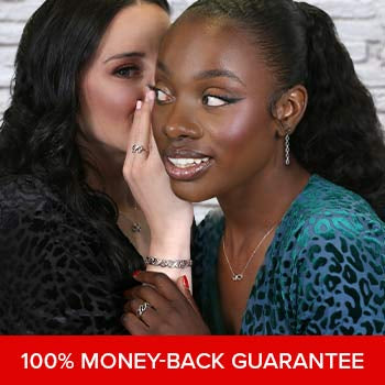 Two women whispering to each other with a red banner at the bottom stating '100% Money-Back Guarantee'.
