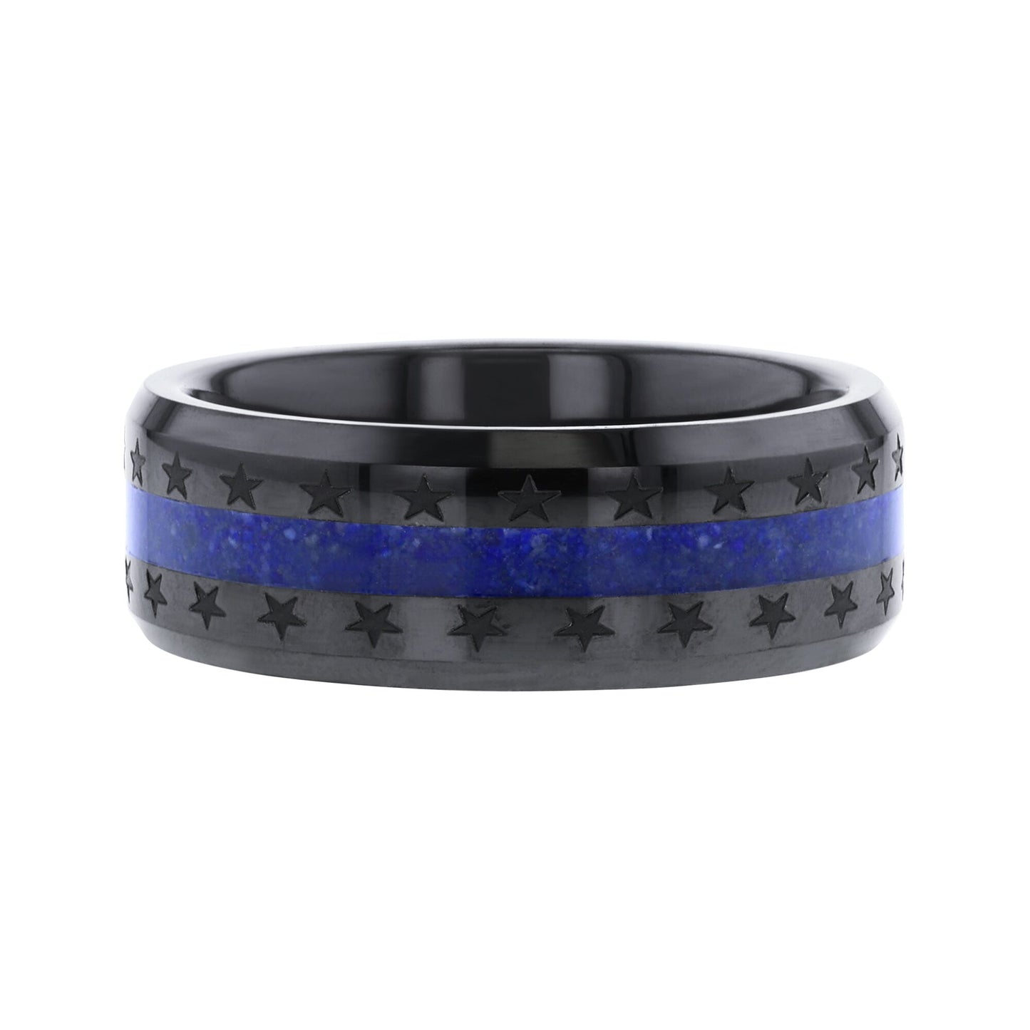 Stars and Stripes Black Ceramic & Blue Lapis Lazuli Wedding Ring