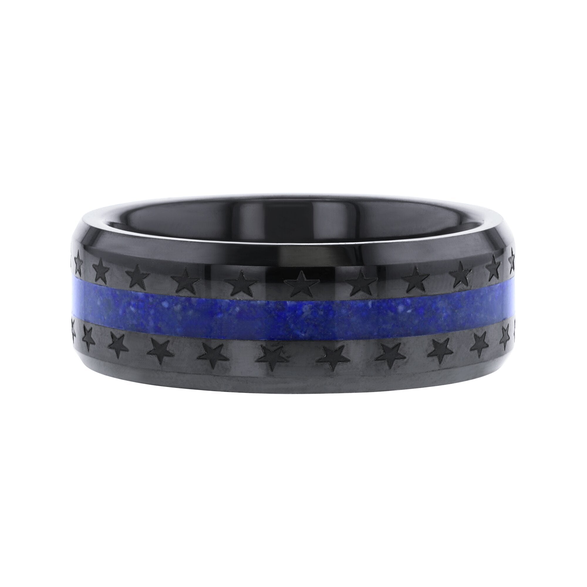 Stars and Stripes Black Ceramic & Blue Lapis Lazuli Wedding Ring