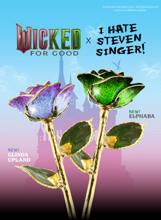 Our brand new Wicked for Good Glinda and Elphaba 24 Karat Gold Dipped Roses officially licensed by Universal.