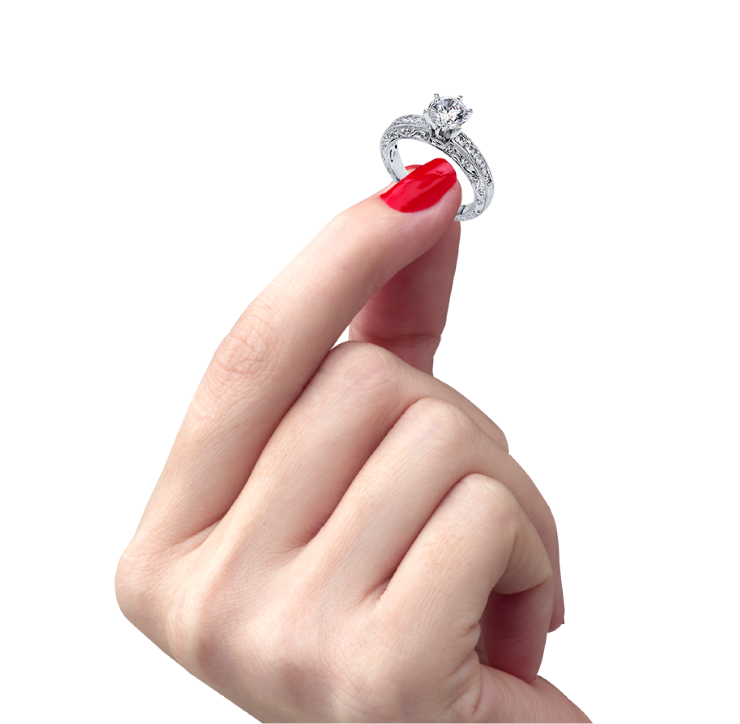 A lady with red nail polish is holding up an engagement ring with a decent sized stone.