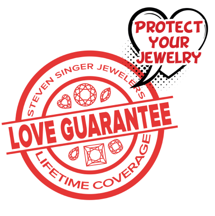 A circle with diamonds in the middle and the words love guarantee on top. A heart text bubble is also pointing to the diamonds that says "Protect your jewelry".