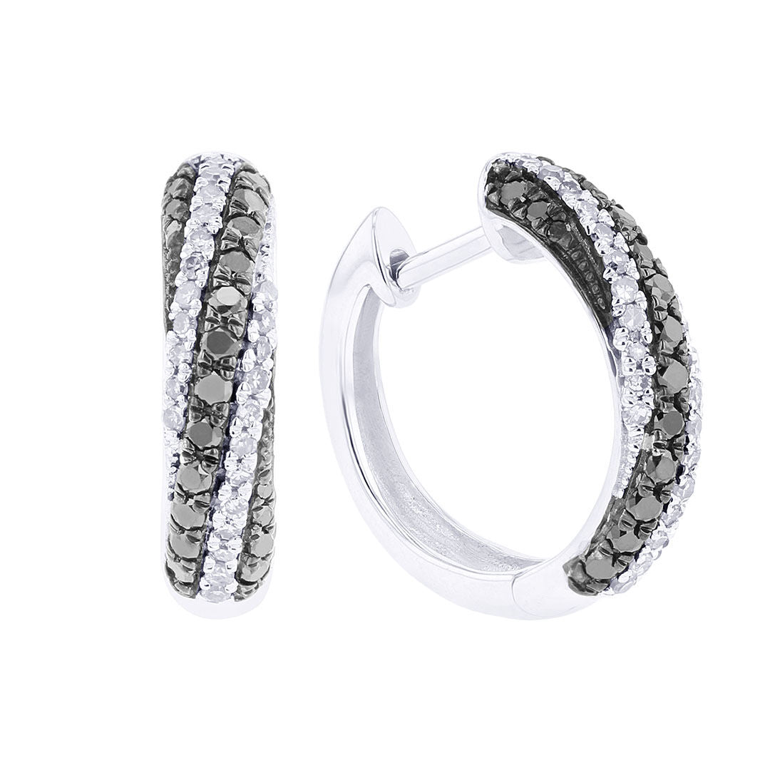 Silver Twist Black Diamond Hoop Earrings