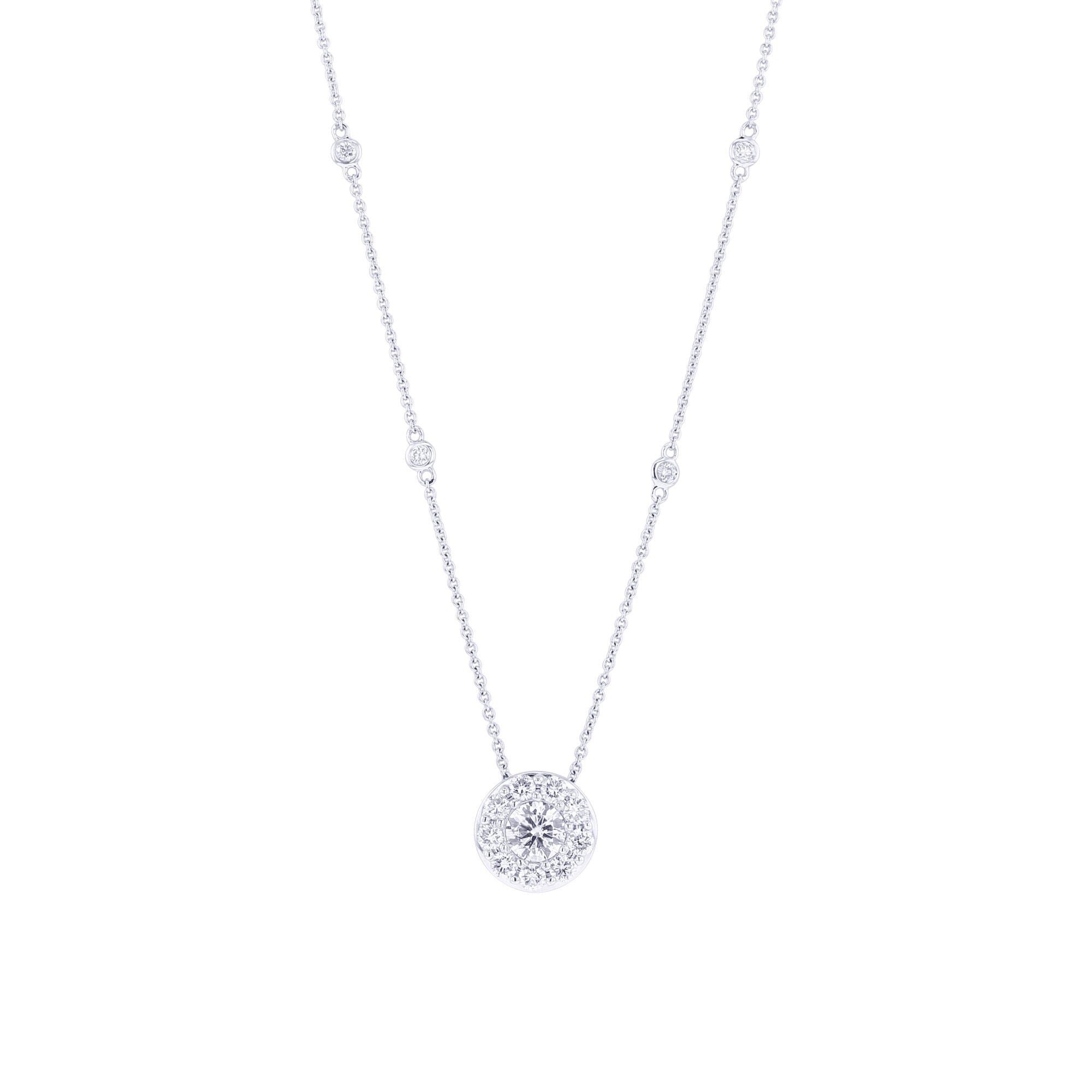 Diamond Halo Necklace, Round Diamond, .50 Carat, Pave Diamonds, White Gold