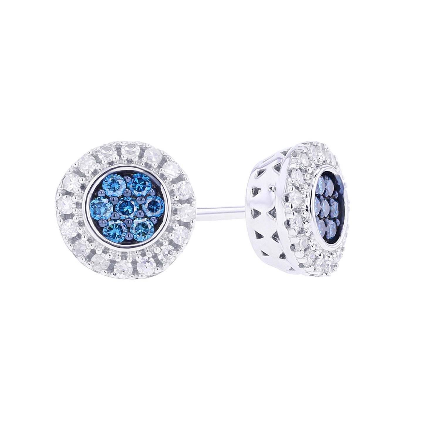 Silver Round Halo Blue and White Diamond Earrings