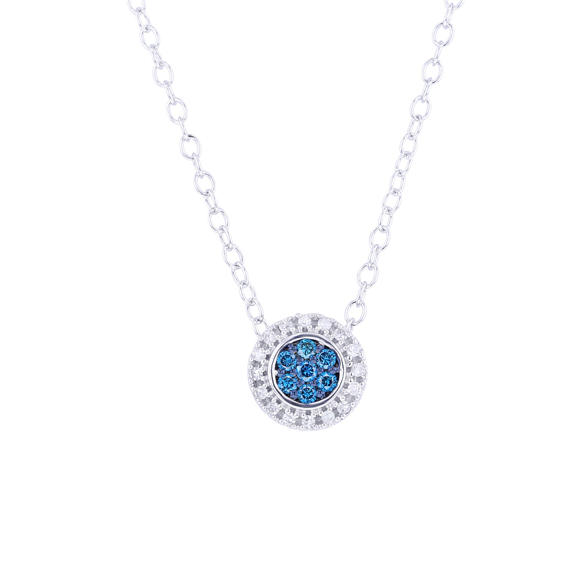 Silver Round Halo Blue Diamond Slide Necklace