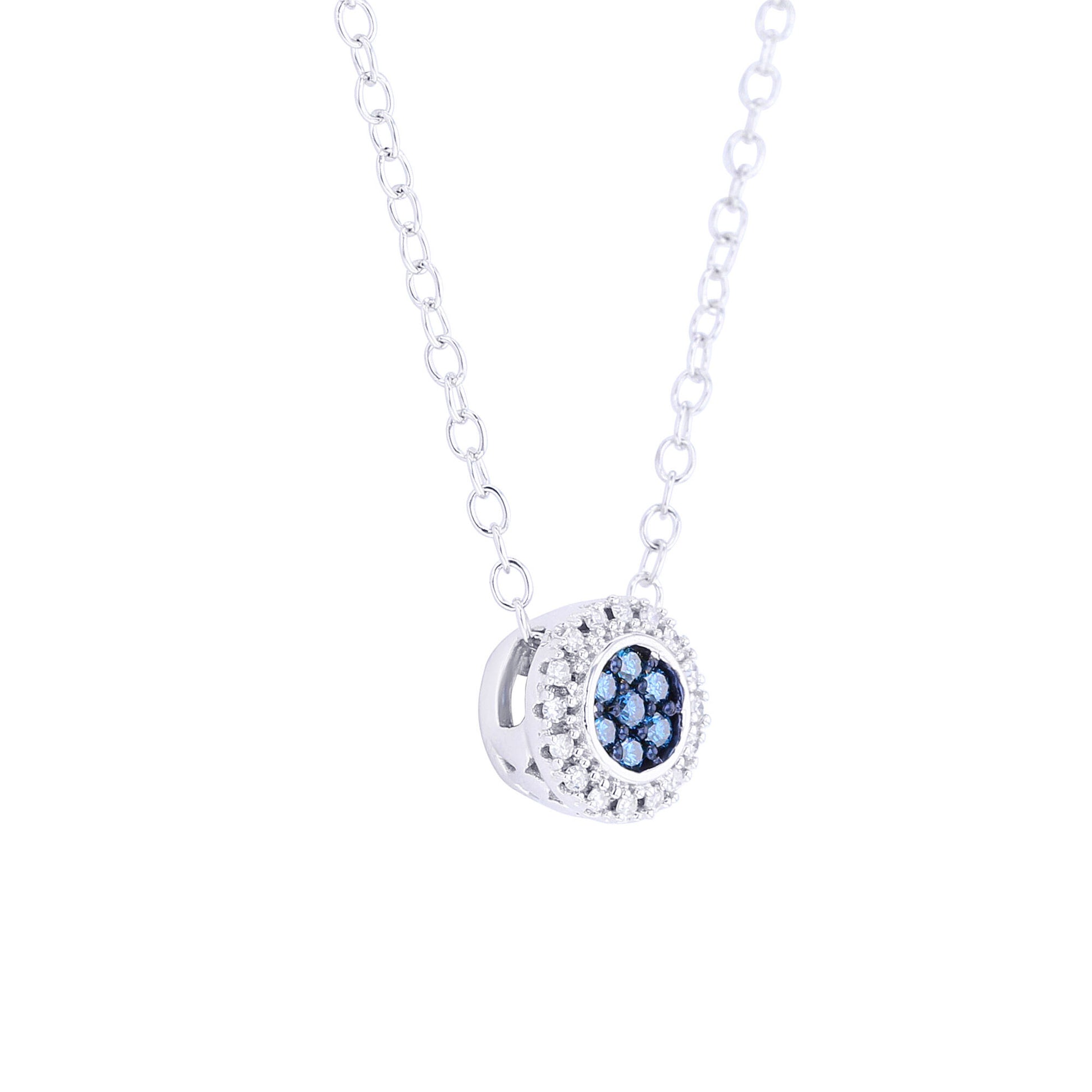 Silver Round Halo Blue Diamond Slide Necklace