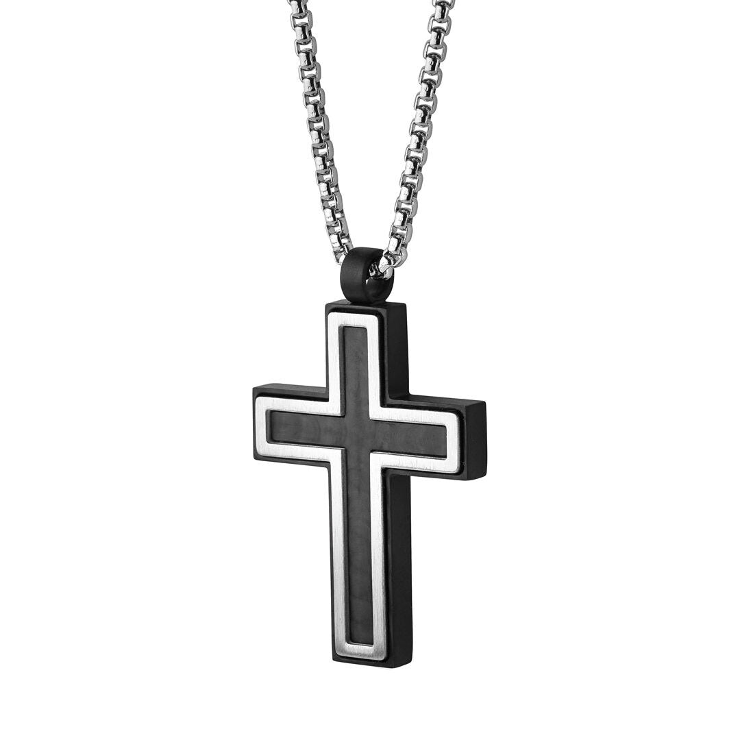 Nuriel Black Ion Plated Stainless Steel Polished Brushed Carbon Fibre Cross Necklace
