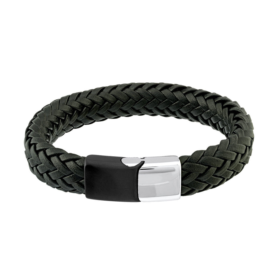 Beamer Black Ion Plated Stainless Steel and Braided Leather Bracelet
