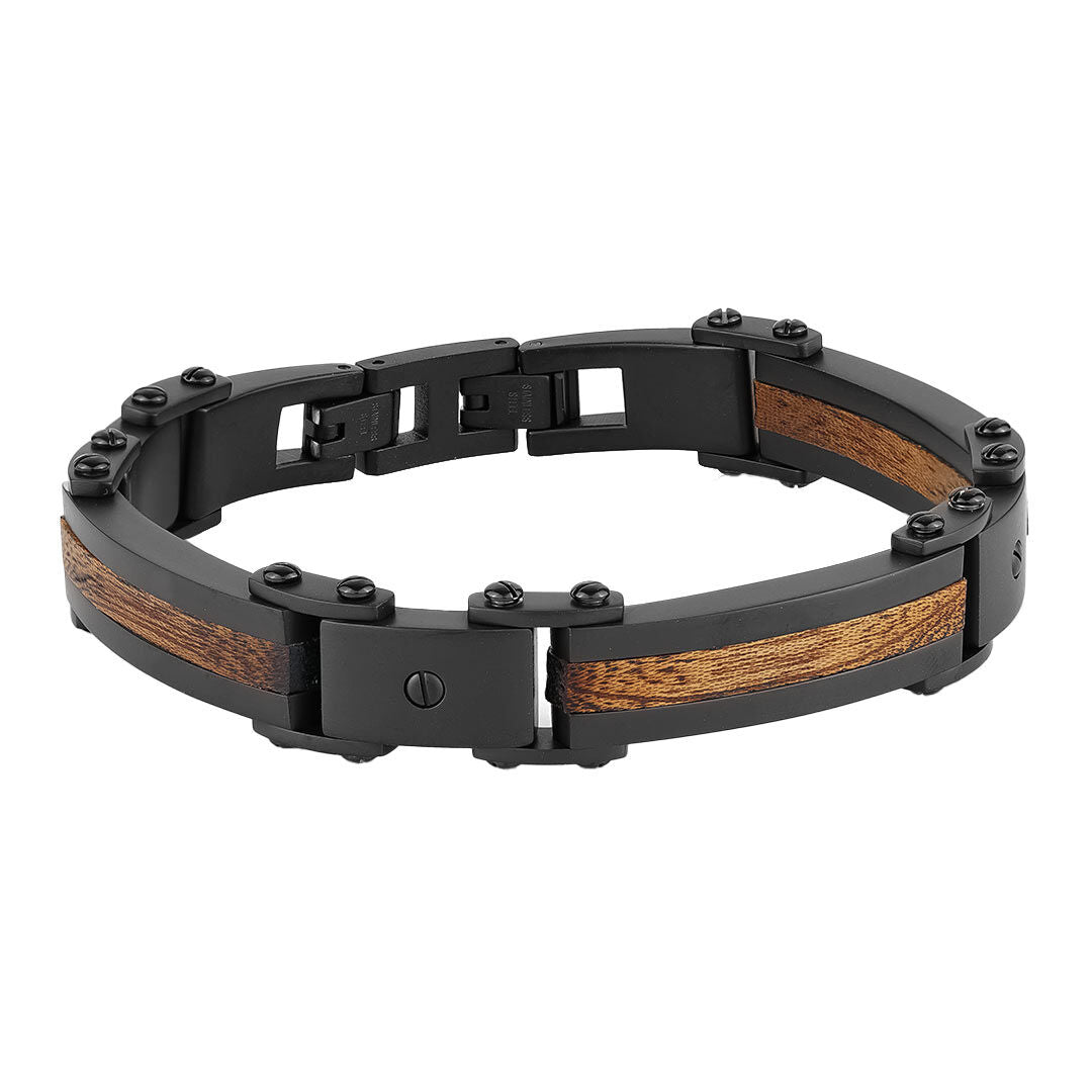 Turismo Black Ion Plated Stainless Steel and Wood Inlay Bracelet