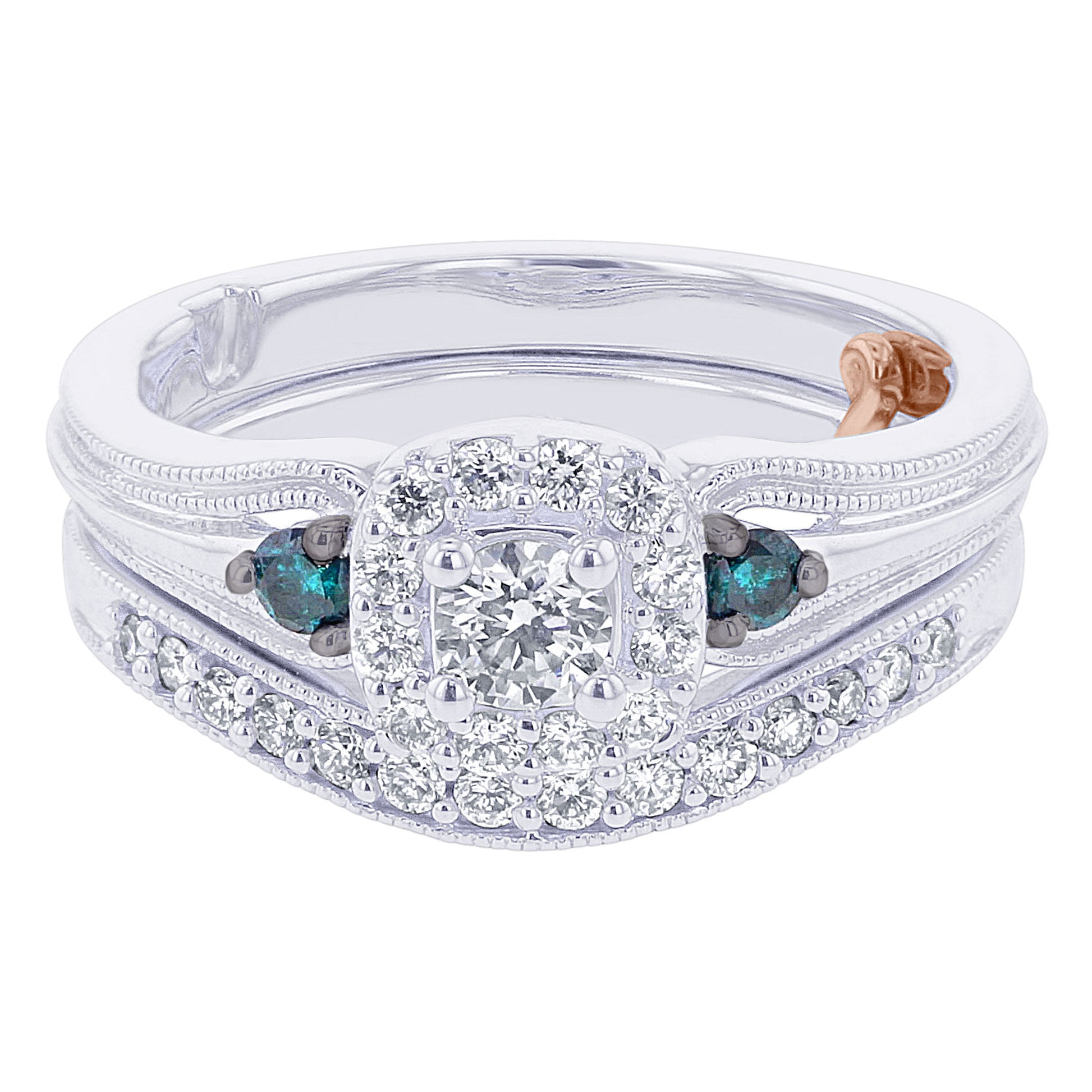 Sparkling Three Stone Ready for Love Blue & White Diamond Bridal Set