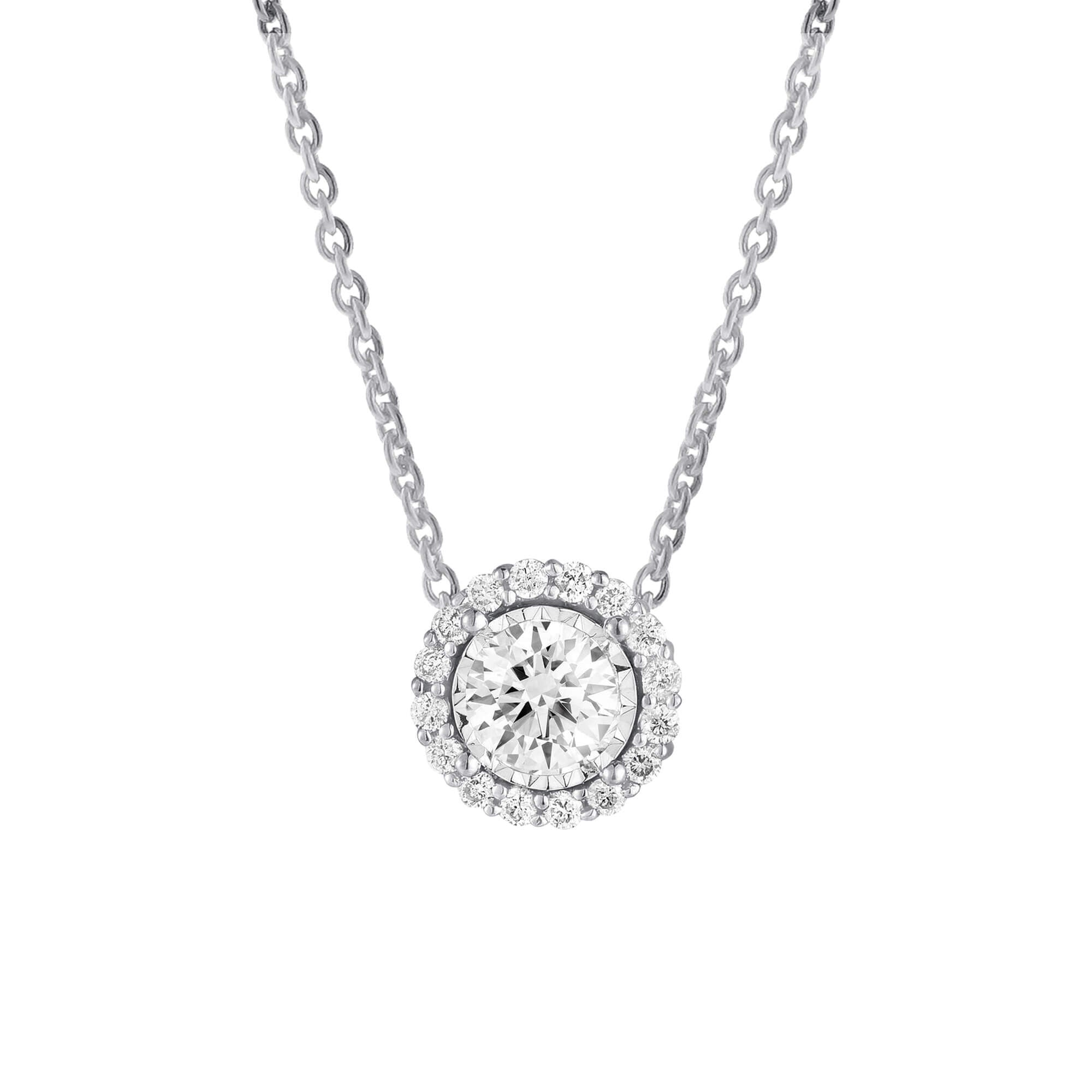 Princess Cut & Round Brilliant 0.63 ctw VS2 Clarity, I Color Diamond 14kt  White Gold Halo Diamond Necklace | Costco