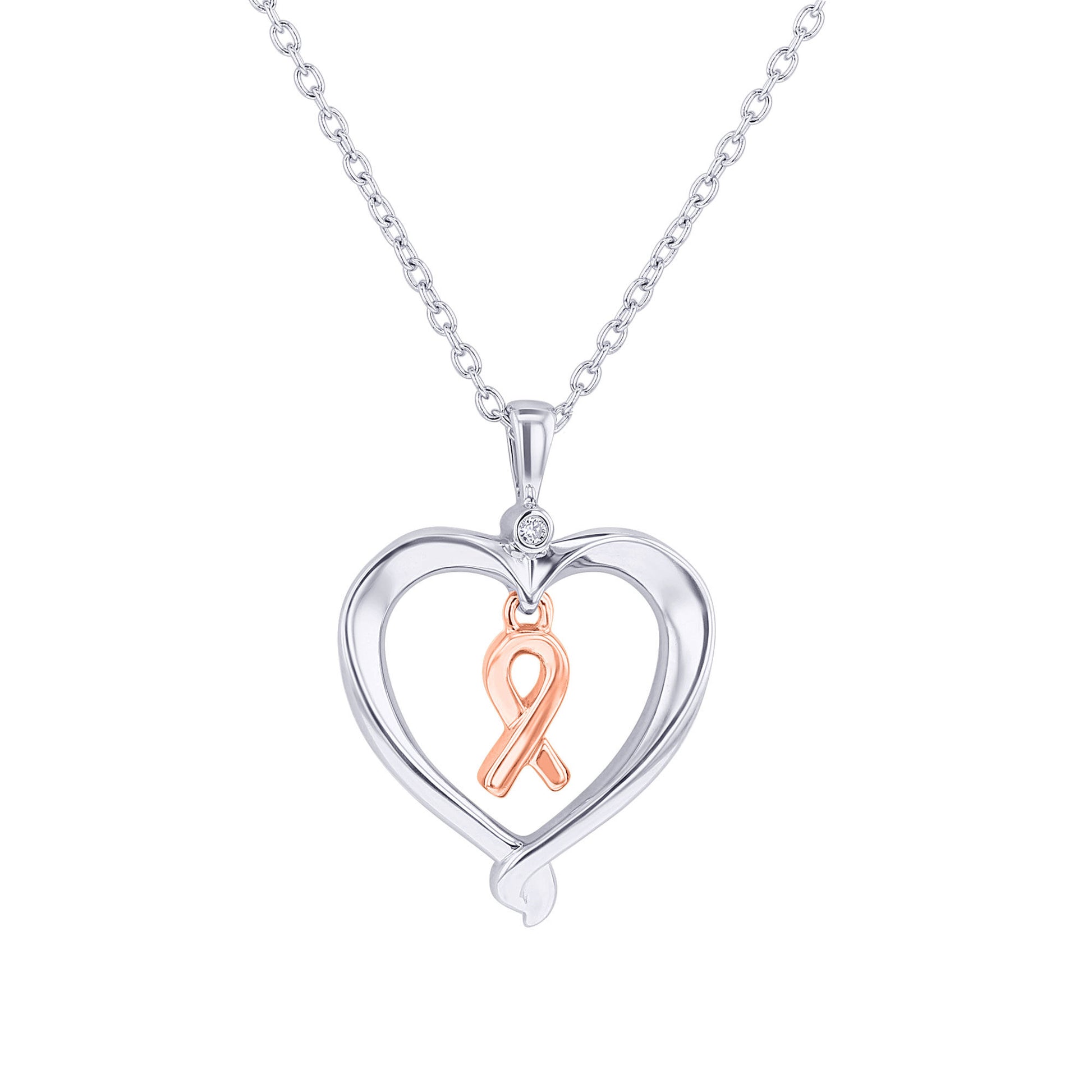Silver Heart Ribbon Diamond Necklace