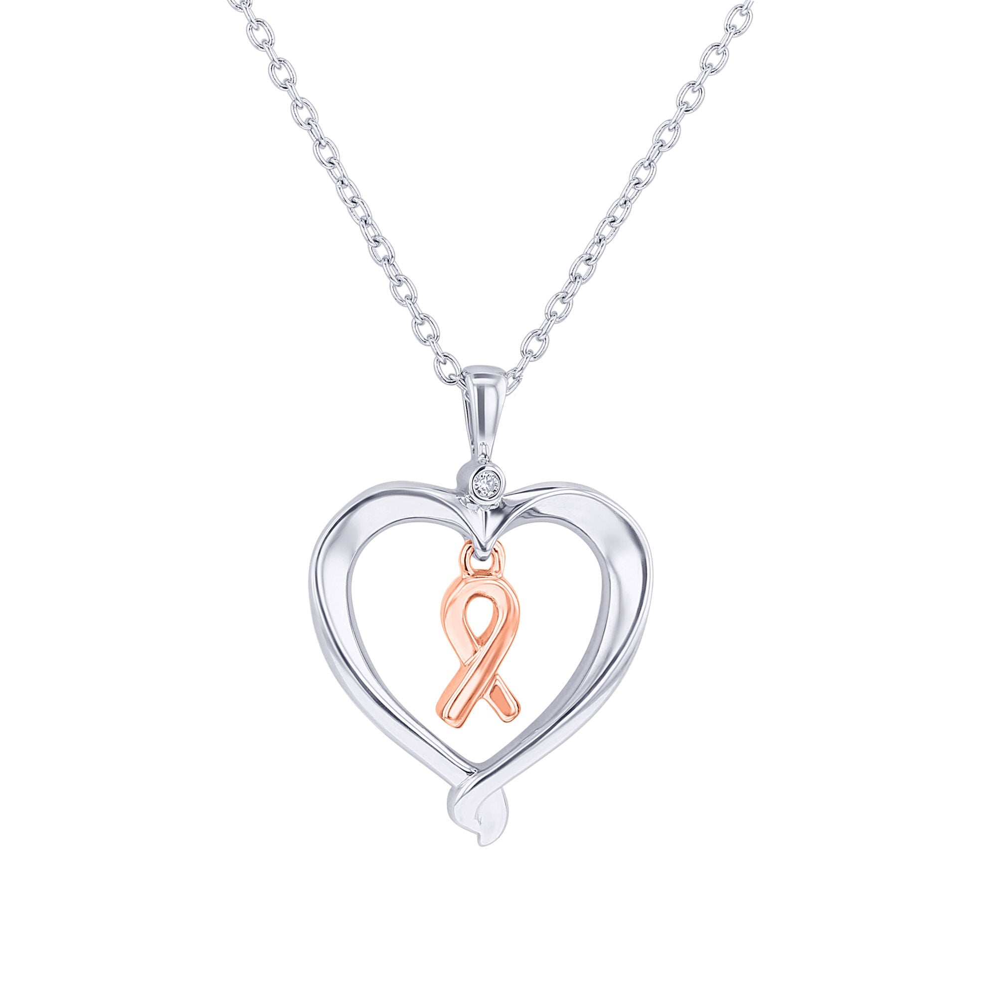 Silver Heart Ribbon Diamond Necklace