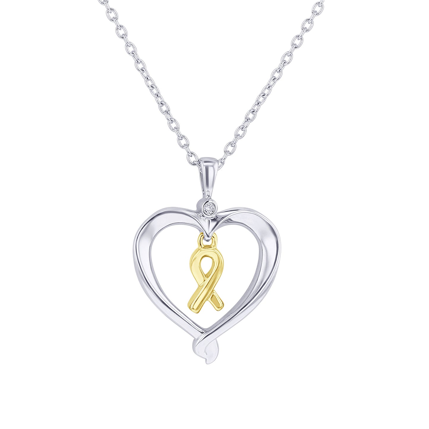Silver Heart Ribbon Diamond Necklace