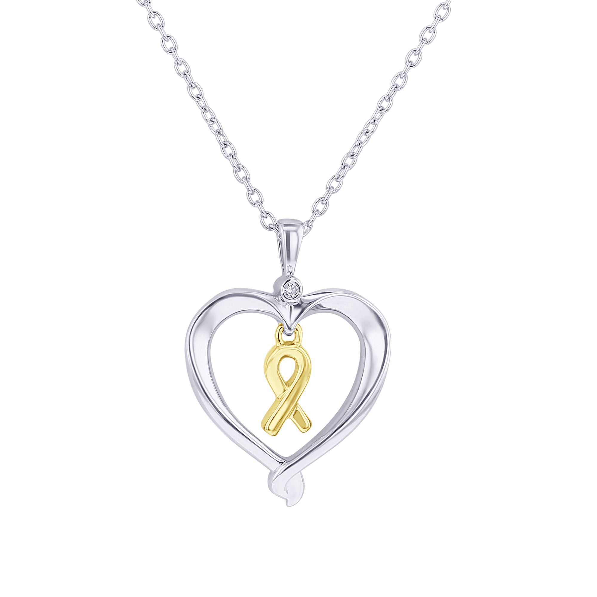 Silver Heart Ribbon Diamond Necklace