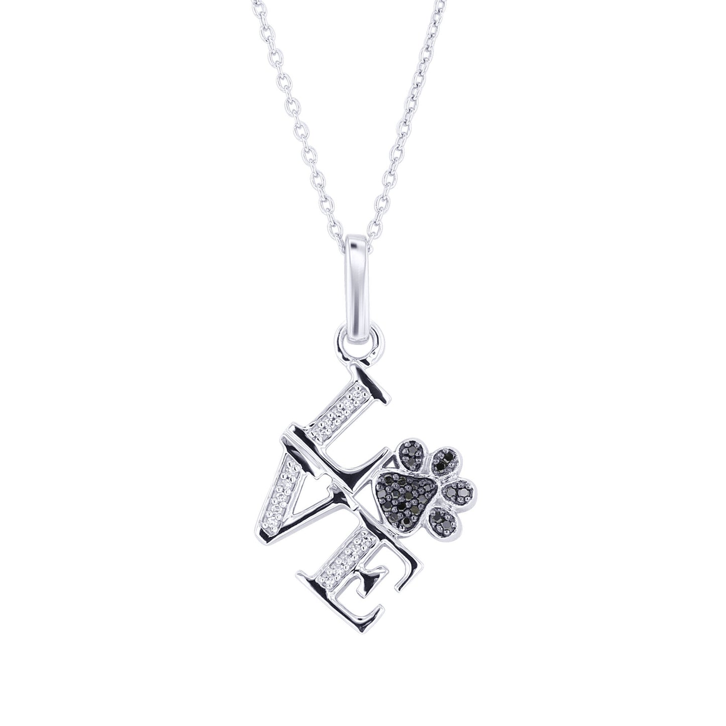 Silver Philly Love Paw Print Black Diamond Necklace