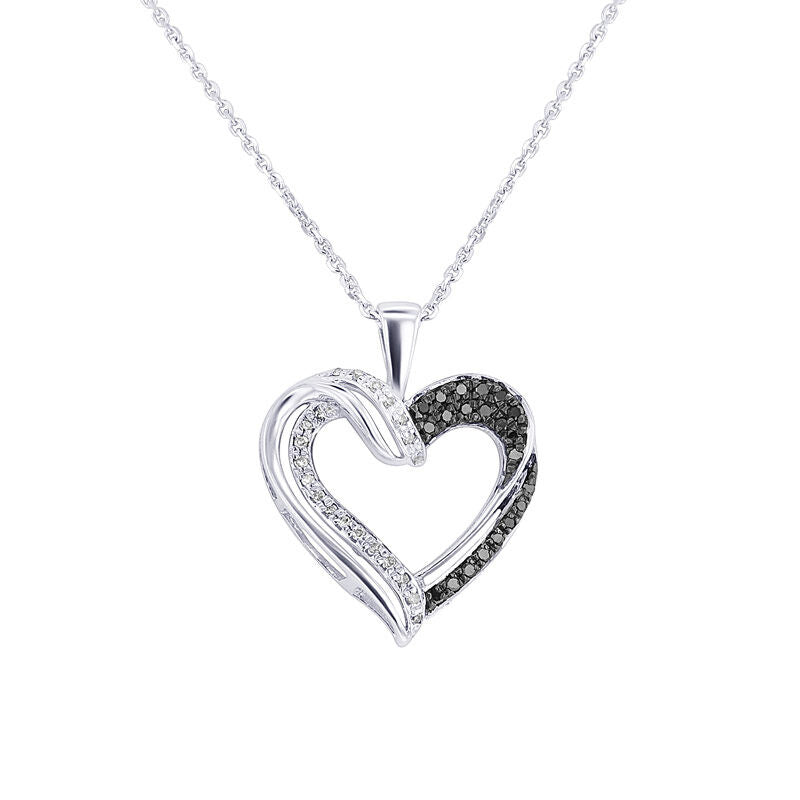 Silver Black & White Diamond Twisted Heart Necklace