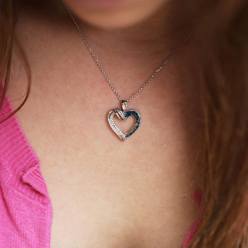 Silver Sky Blue Diamond Twisted Heart Necklace