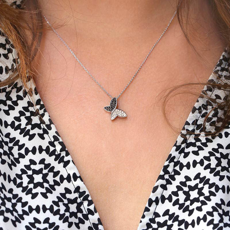 Silver Black and White Butterfly Diamond Necklace